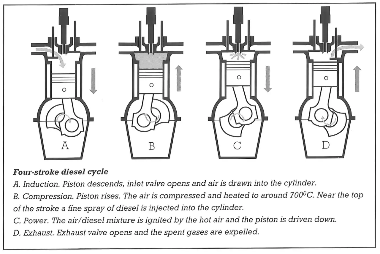 Diagramma illustra come funziona un motore diesel in quattro fasi: aspirazione, compressione, combustione e scarico.