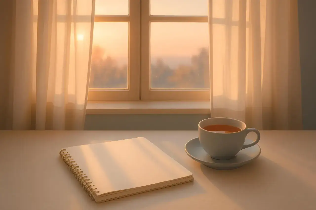 A notebook and tea by a sunlit window. A peaceful scene to inspire ideas on how to increase motivation.