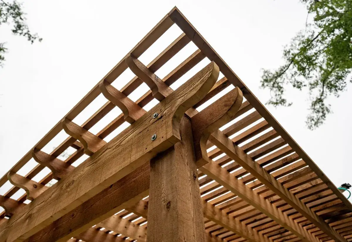 Drewniana pergola z ozdobnymi wspornikami. Widok od dołu, jak układać krokwie do suszenia, by stworzyć cień.