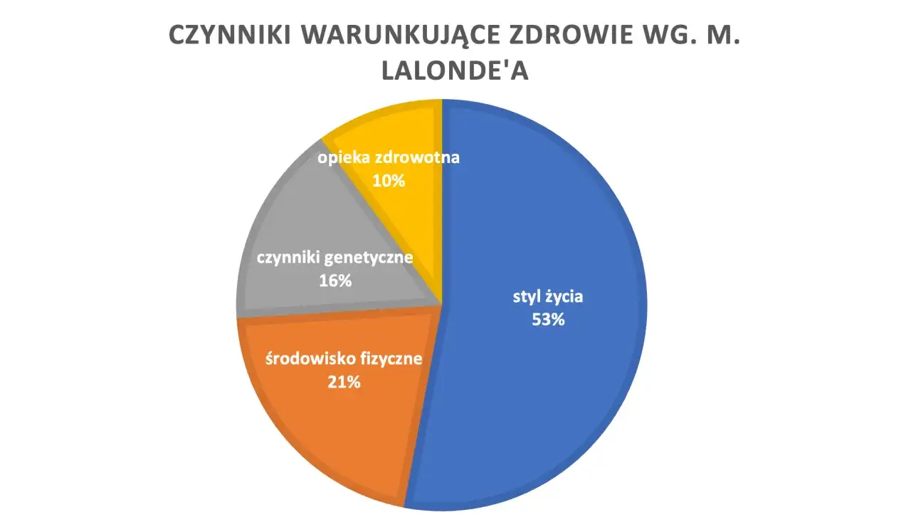 Wykres kołowy pokazuje, że styl życia (53%) ma największy wpływ na zdrowie, co podkreśla znaczenie edukacji zdrowotnej.