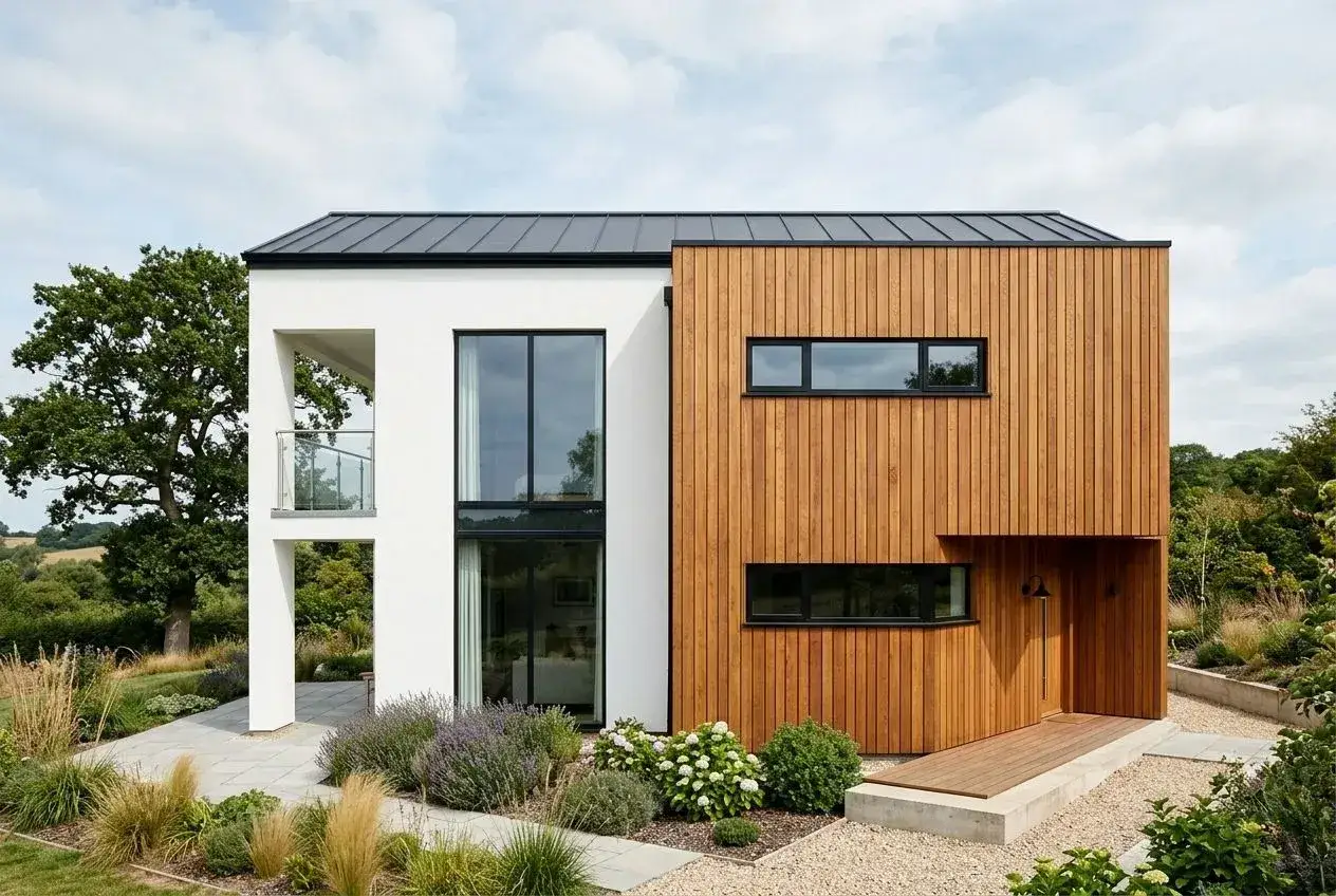 Maison moderne avec façade en **ite fibre de bois** chaleureuse, contrastant avec le blanc épuré. Jardin paysager luxuriant.