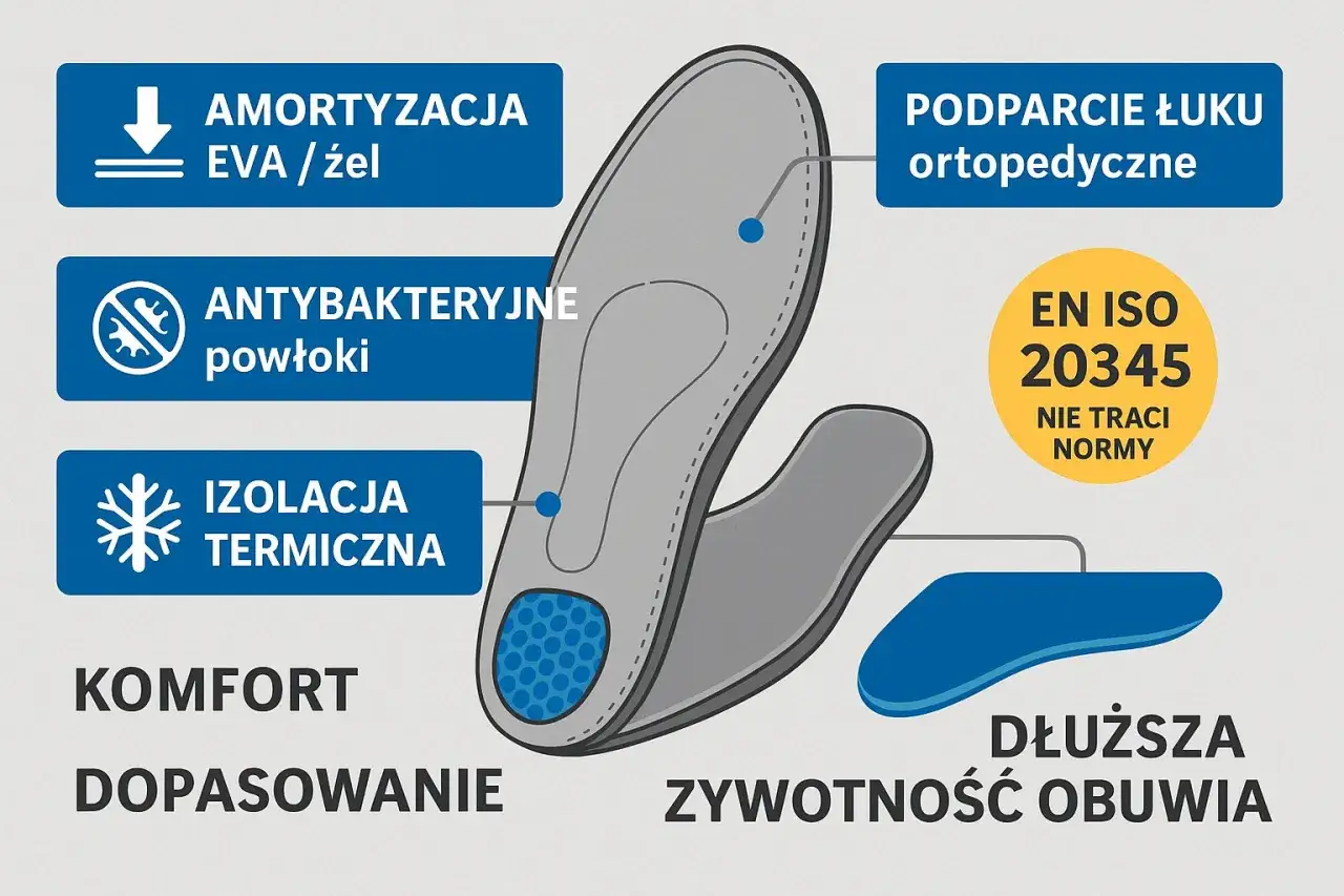 Wkładki do butów: amortyzacja, podparcie łuku, antybakteryjne, izolacja termiczna. Poprawiają komfort i dopasowanie, zapobiegając problemom z za duże buty.