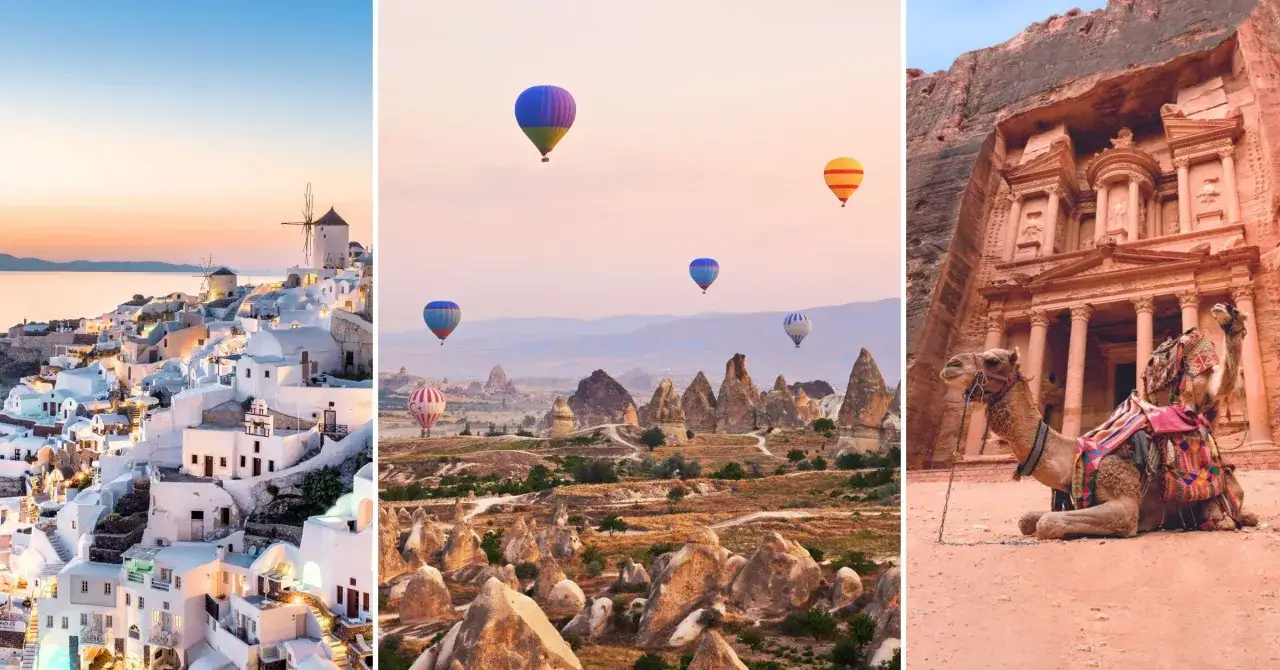 Santorini, Kapadocja i Petra – wymarzone kraje na wakacje. Balony unoszą się nad skalistym krajobrazem, a białe domki lśnią w słońcu.