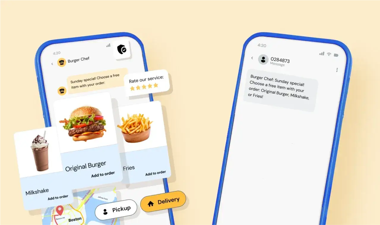 Dwa telefony pokazują aplikację Burger Chef z ofertą specjalną. Na jednym z nich widać menu z burgerem, frytkami i milkshake'em, a na drugim SMS z tą samą promocją. RCS umożliwia takie interaktywne wiadomości.