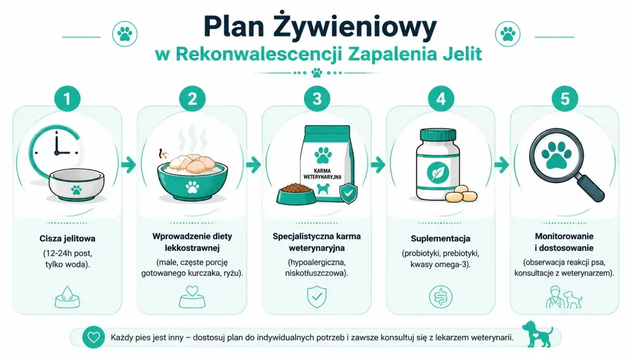 Plan żywieniowy dla psa po zapaleniu jelita grubego: post, dieta lekkostrawna, karma weterynaryjna, suplementacja i monitorowanie.