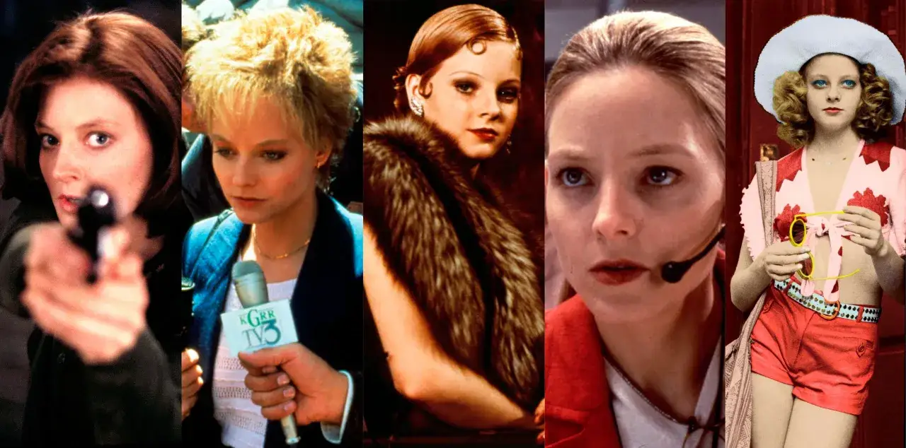 Jodie Foster w filmach: z pistoletem, z mikrofonem, w futrze, w słuchawkach, w kapeluszu.
