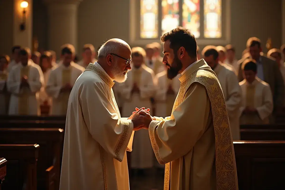 Dwóch duchownych w szatach liturgicznych, starszy i młodszy, trzyma się za ręce. Obraz ilustruje różnicę między diakonem stałym a księdzem, ich obowiązki i przywileje.