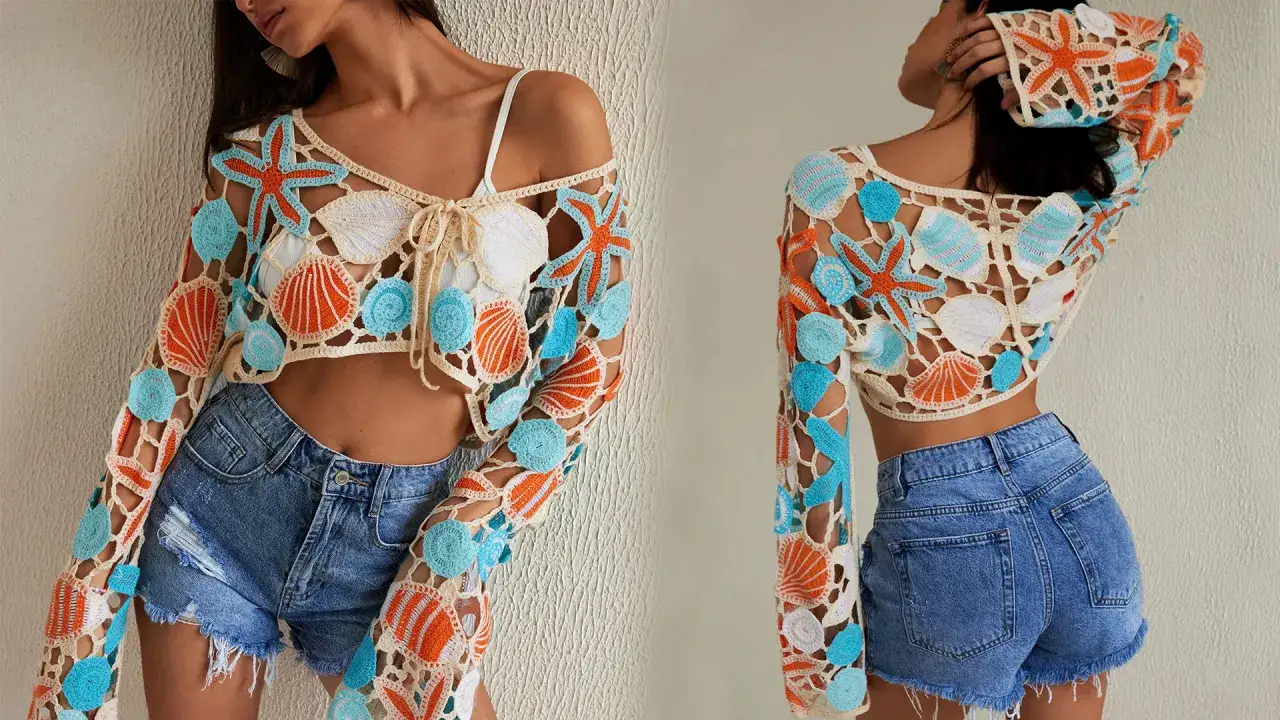 Crop top a crochet con motivos marinos, estrellas de mar y conchas en tonos naranja y azul.