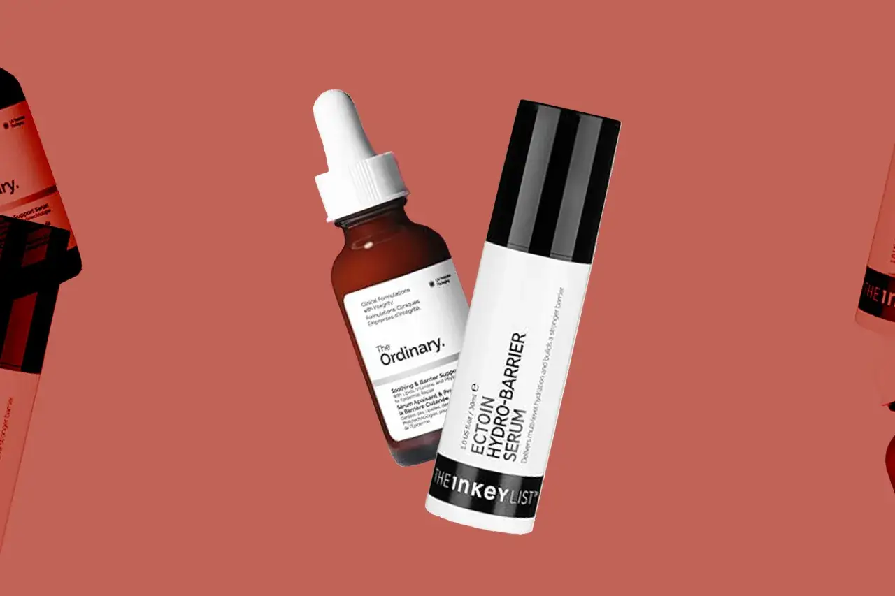 Dwa kosmetyki: serum z ektoiną The Inkey List i serum The Ordinary na tle.