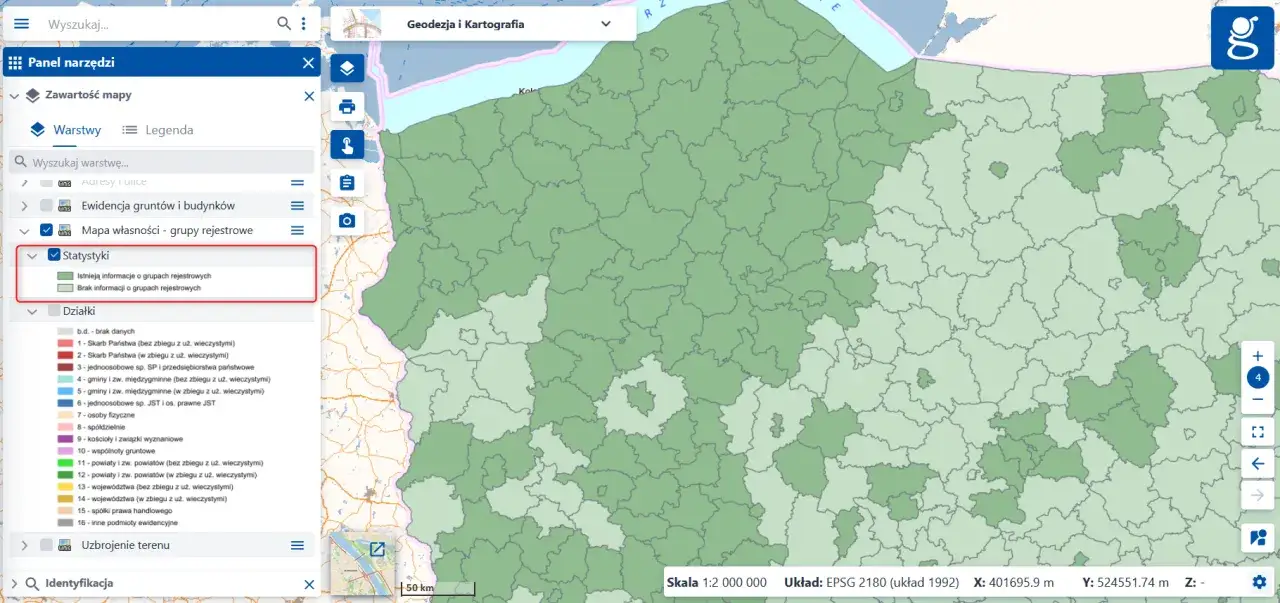 Mapa Polski z zaznaczonymi warstwami 