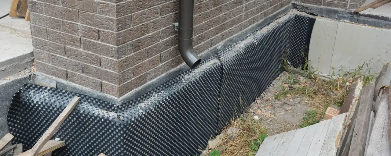 Bauarbeiten am Fundament: Keller ausschachten und abdichten kosten im Blick. Drainagematte sch&uuml;tzt die Ziegelwand.