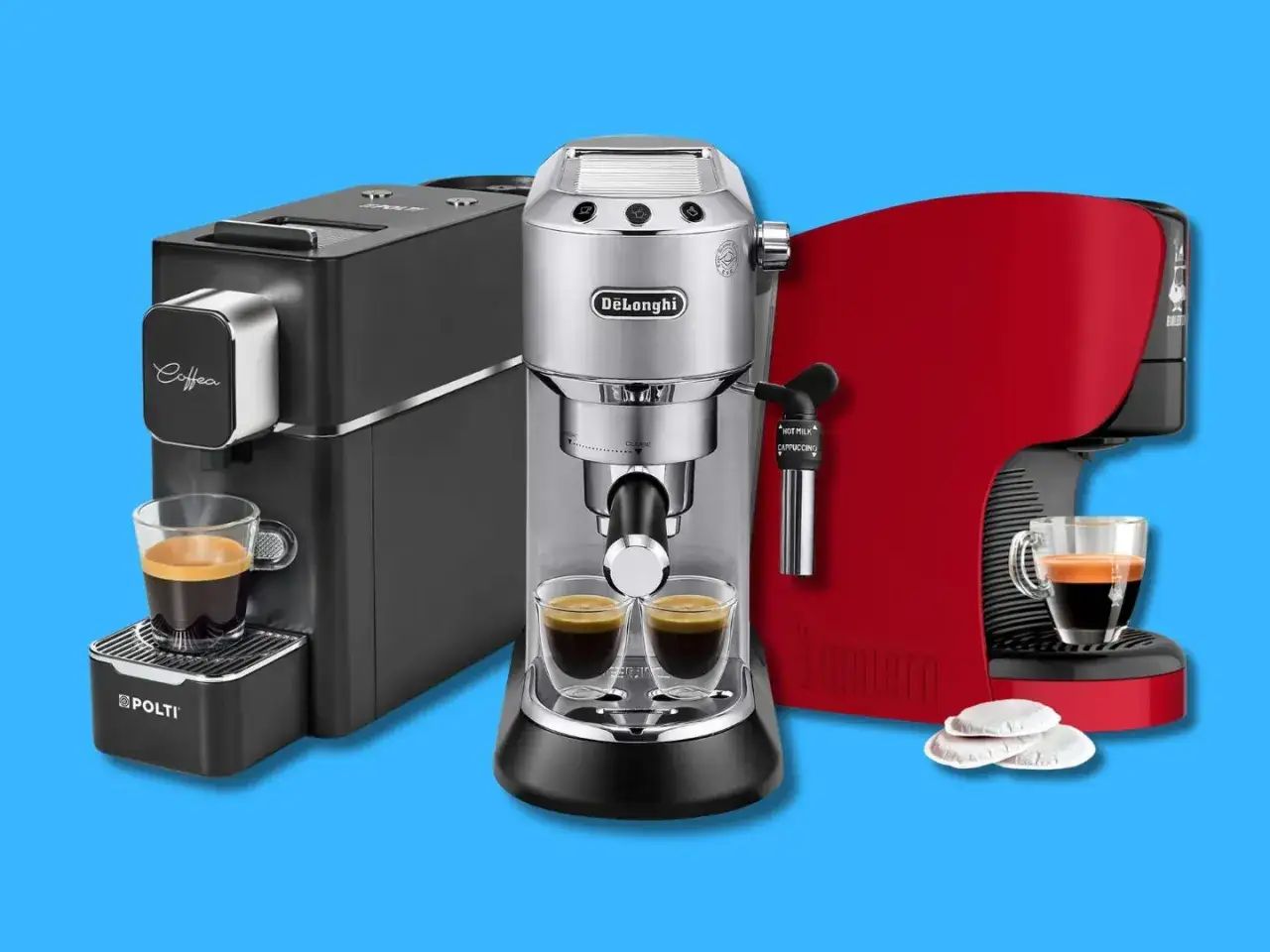 Tre macchine da caff&egrave;: una nera per cialde, una DeLonghi argento e una rossa Bialetti per capsule. Quale scegliere? Meglio cialde o capsule?