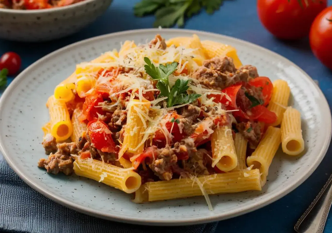 Piatto di rigatoni con ragù di carne e pomodoro, guarnito con parmigiano grattugiato e prezzemolo. Perfetto per ricette senza glutine facili e gustose.