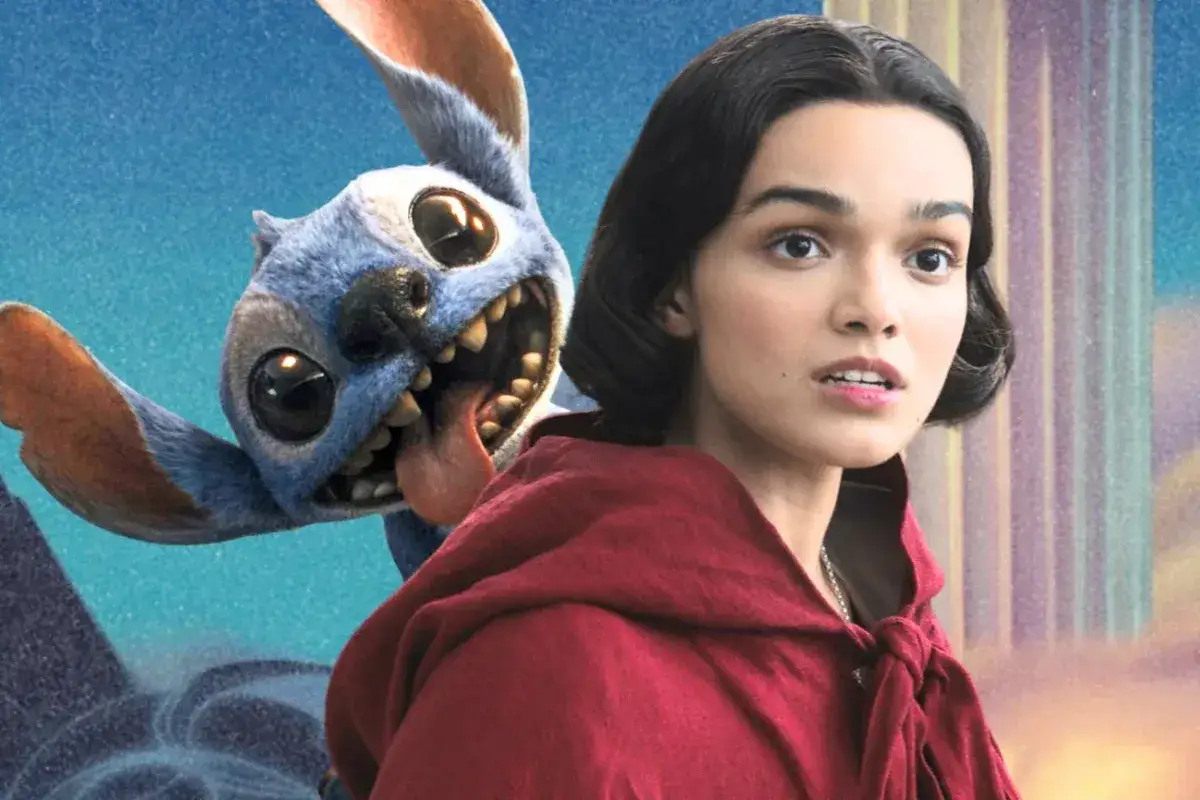 Lilo i Stitch, bohaterowie znanych **filmów Disneya**, w nowej odsłonie. Niebieski kosmita z wywieszonym językiem i dziewczyna w czerwonym kapturze.