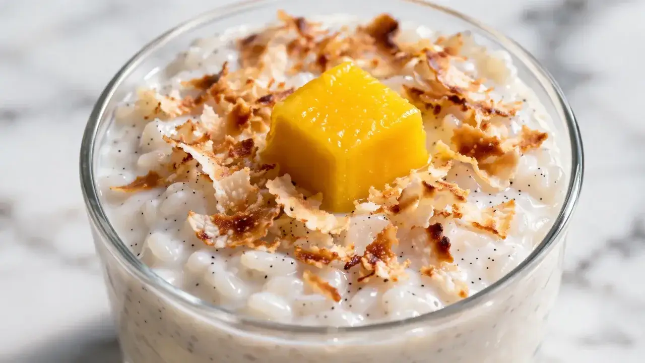 Riz au lait cr&eacute;meux, garni de copeaux de noix de coco grill&eacute;s et d'un cube de mangue. La texture du lait de coco est onctueuse.