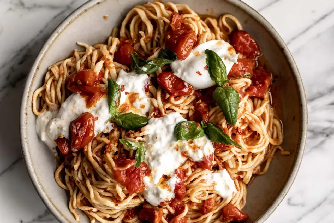 Spaghetti mit Burrata, Kirschtomaten und Basilikum. Cremige Burrata schmilzt über den Nudeln.