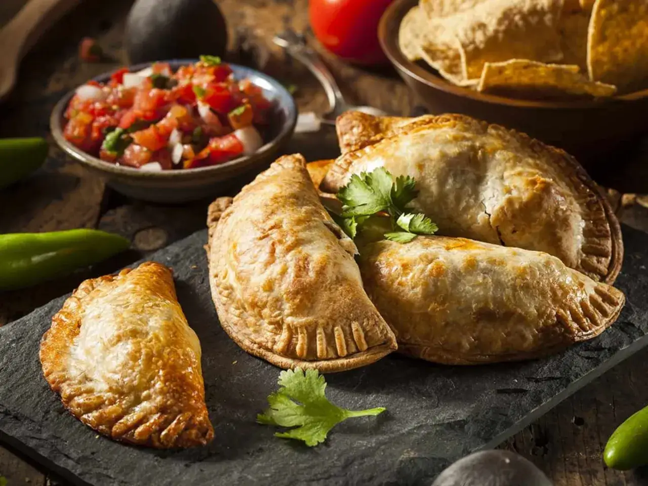Gyllene argentinska empanadas recept p&aring; en svart stenplatta, serverade med f&auml;rsk salsa och tortillachips.