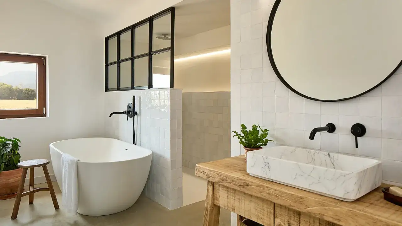 Ba&ntilde;o moderno con ba&ntilde;era exenta y ducha abierta, mostrando alternativas a las mamparas de ba&ntilde;o. Lavabo de m&aacute;rmol sobre mueble r&uacute;stico.