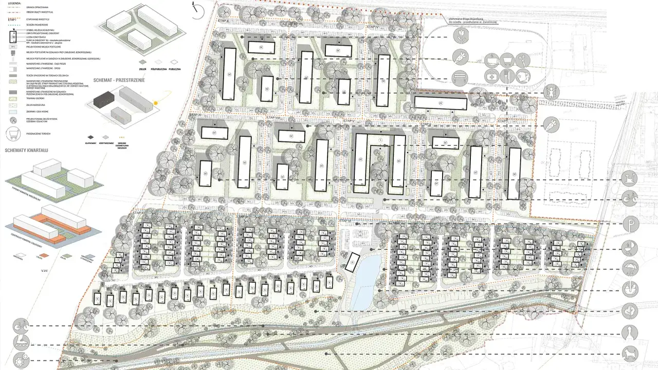 Przykładowy plan urbanistyczny osiedla mieszkaniowego z widocznym układem budynk&oacute;w i dr&oacute;g