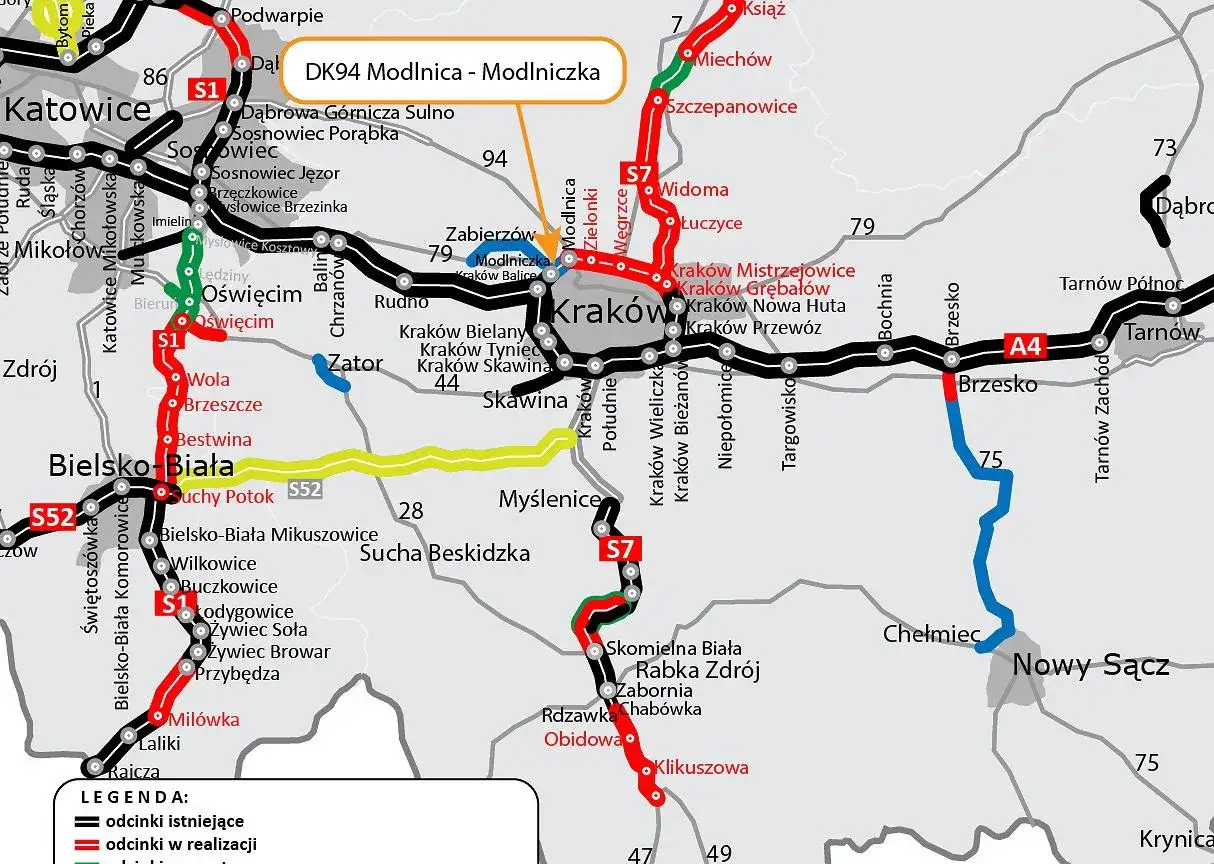 Mapa drogowa z zaznaczonymi trasami, w tym drogą krajową 94, łączącą Katowice z Krakowem i dalej w kierunku Tarnowa.