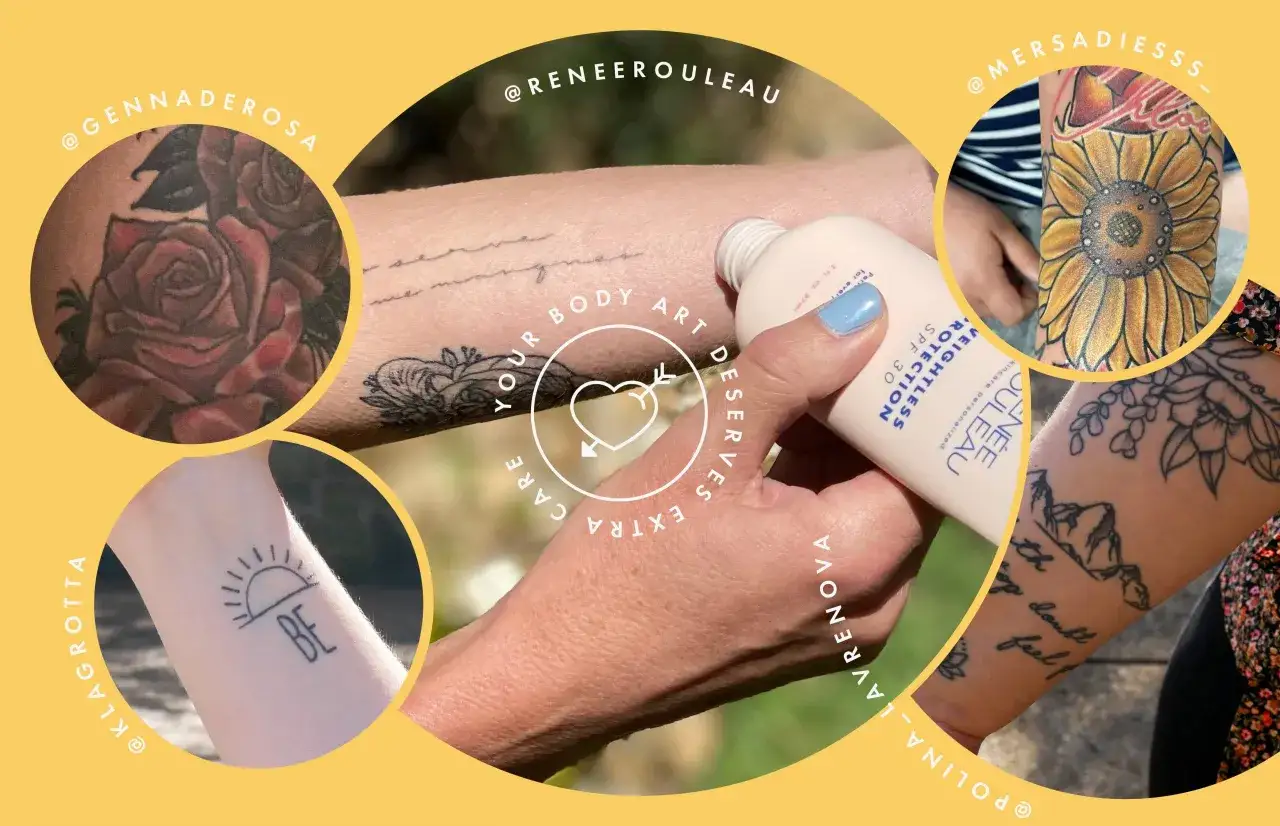 Tattoos mit Rosen, Sonnenblume und Bergmotiv. Frage: ab wann sonnencreme auf tattoo? Hier: leichte Sonnencreme SPF 30.