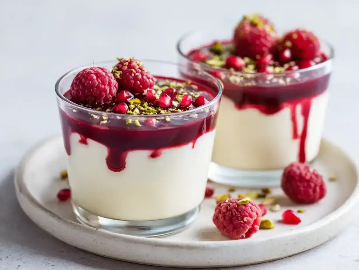 Tv&aring; glas med kr&auml;mig panna cotta, toppad med hallon, granat&auml;ppelk&auml;rnor och hackade pistagen&ouml;tter. En h&auml;rlig dessert!