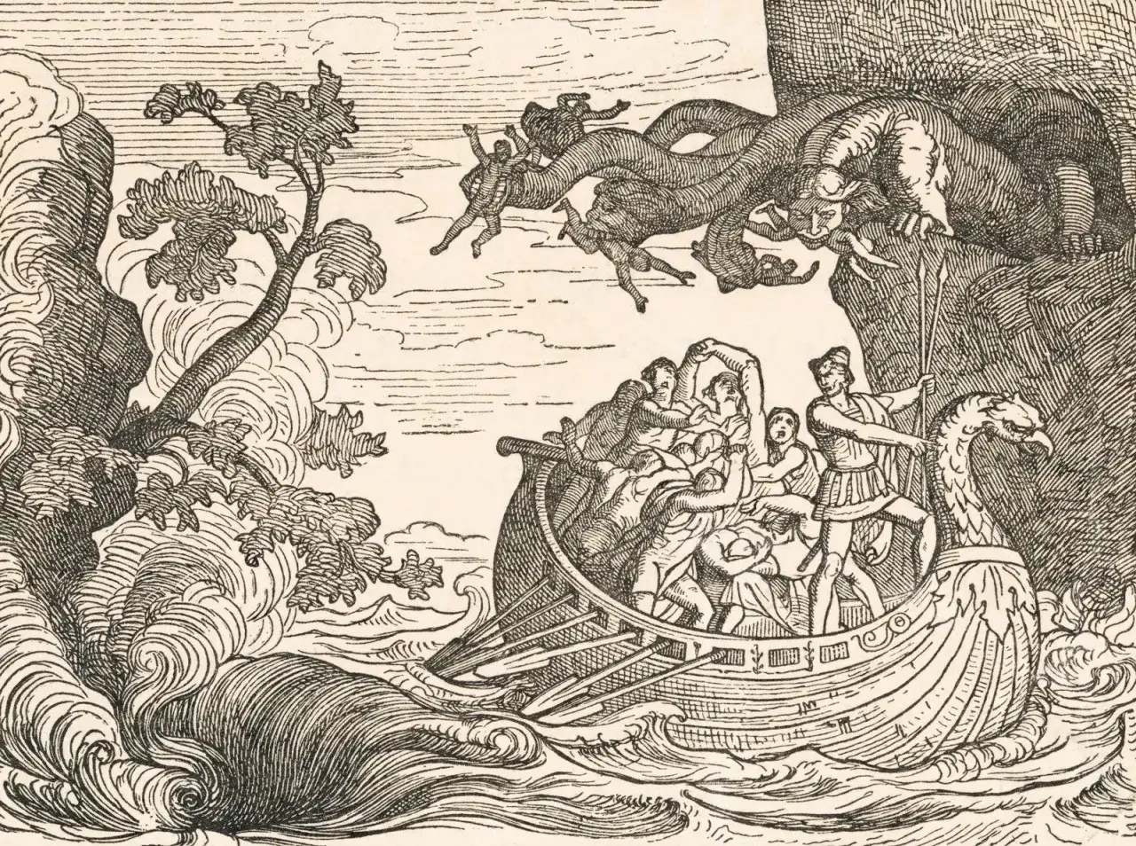 Ulysse et ses hommes affrontent Charybde et Scylla. Le monstre marin aux multiples tentacules attrape des marins, tandis que le navire lutte contre les vagues déchaînées.