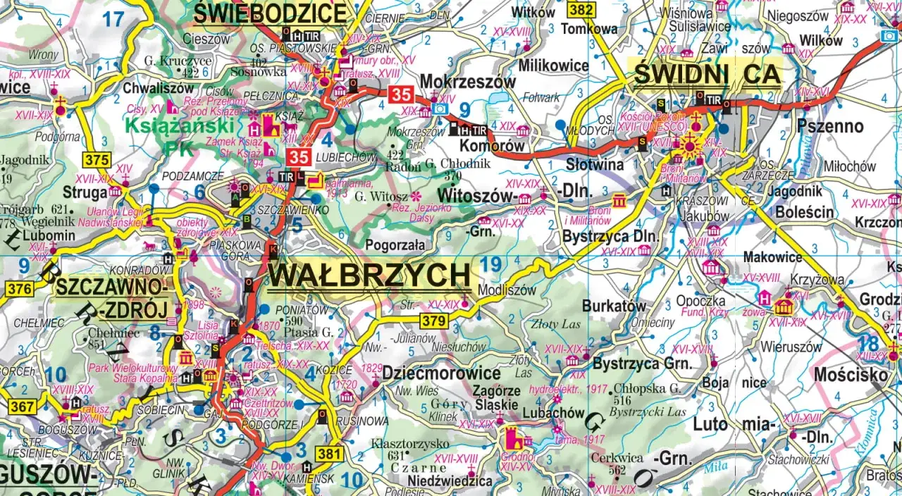 Mapa turystyczna Gór Sowich, z zaznaczonymi trasami i atrakcjami, w tym zamkiem Książ. Góry blisko Wrocławia.