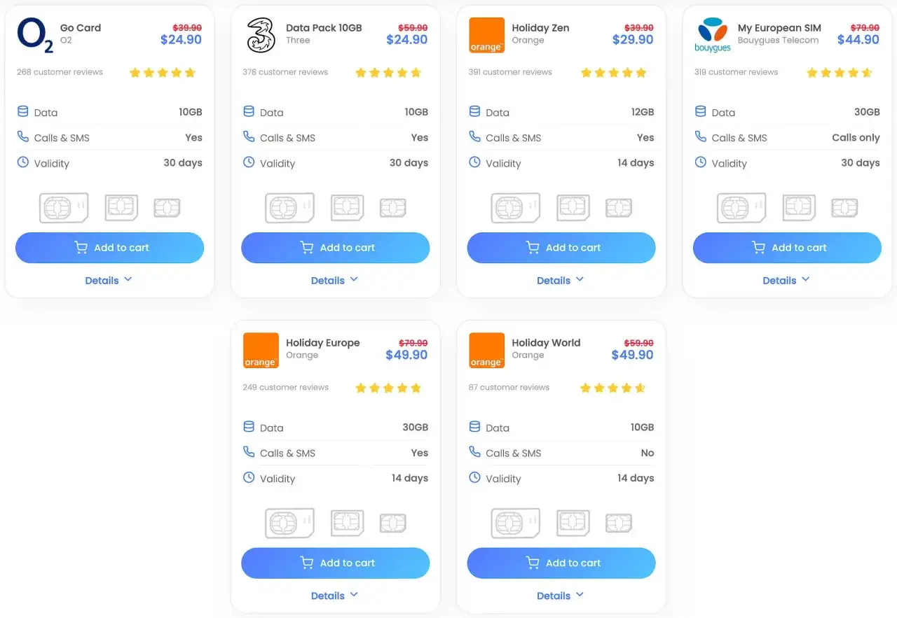 Porównanie ofert internetu w Wielkiej Brytanii: O2, Three, Orange, Bouygues. Różne pakiety danych, rozmów i SMS-ów.