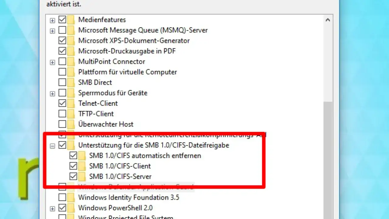 Windows 11: SMB 1.0/CIFS-Unterst&uuml;tzung aktivieren f&uuml;r Dateifreigaben. Hier werden die Optionen f&uuml;r SMB 1.0/CIFS-Client und -Server angezeigt.