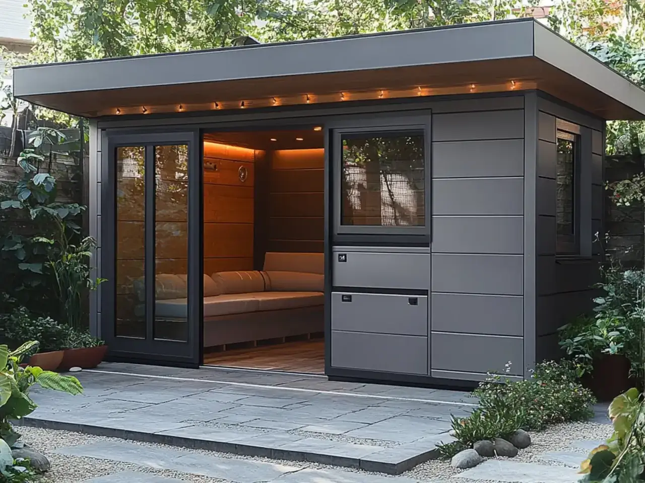 Modernes tiny house im garten der eltern, mit gem&uuml;tlicher Couch und warmem Licht. Ein R&uuml;ckzugsort im Gr&uuml;nen.