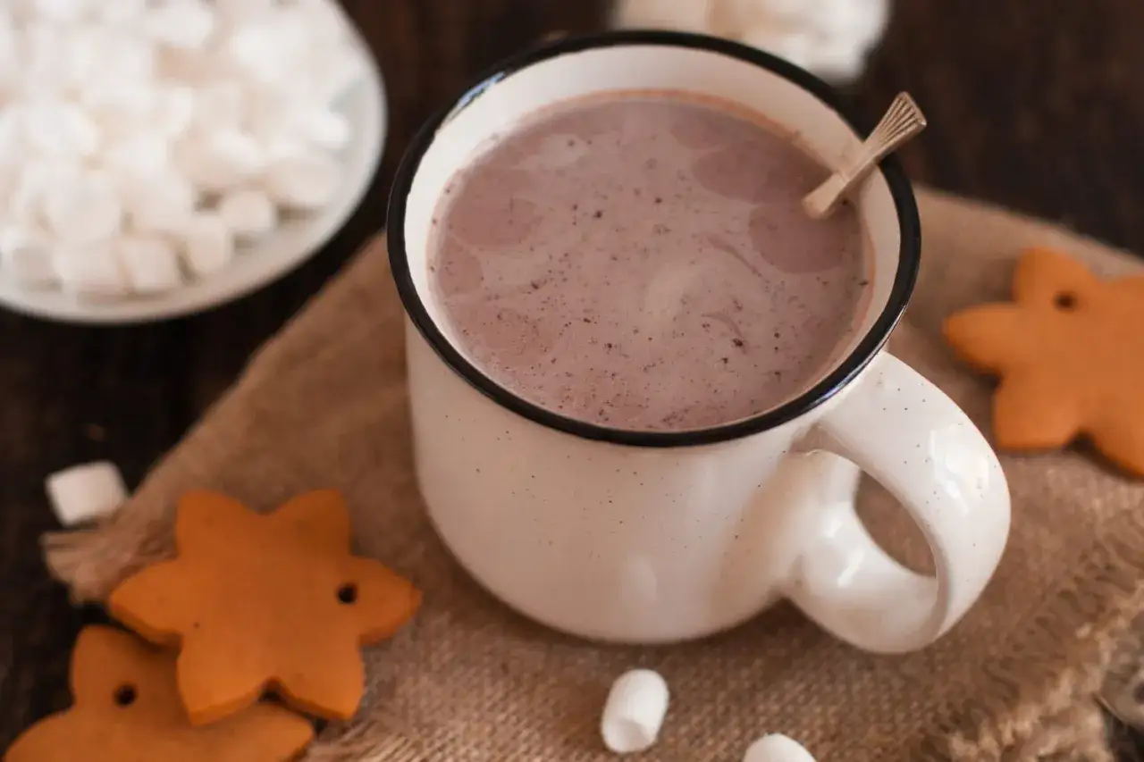 Un mug de chocolat chaud maison, parfait pour une recette r&eacute;confortante, accompagn&eacute; de biscuits en pain d'&eacute;pices et de marshmallows.