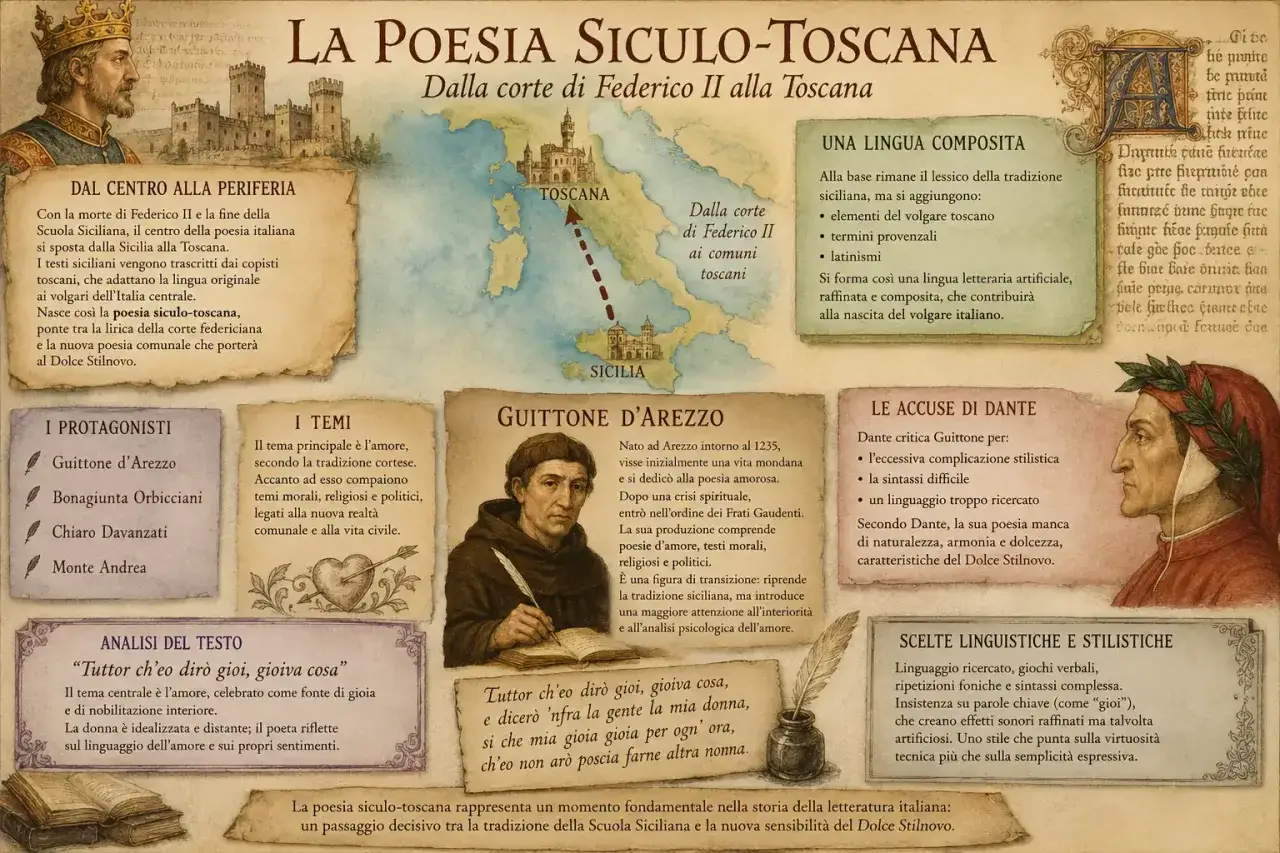 La poesia siculo-toscana, un ponte tra la lirica siciliana e il Dolce Stilnovo, con i suoi protagonisti e temi.