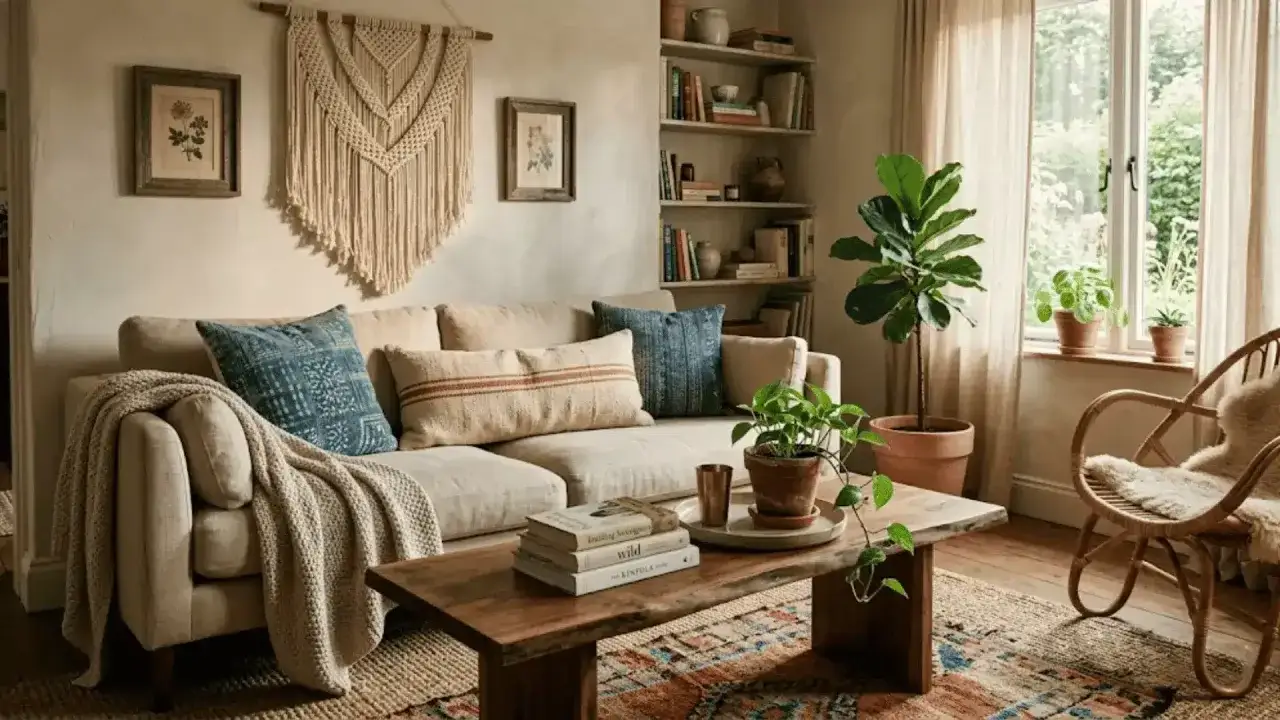 Un salon boheme nature, avec un canap&eacute; confortable, des coussins ethniques, une couverture douillette, une table basse en bois brut, et des plantes vertes.
