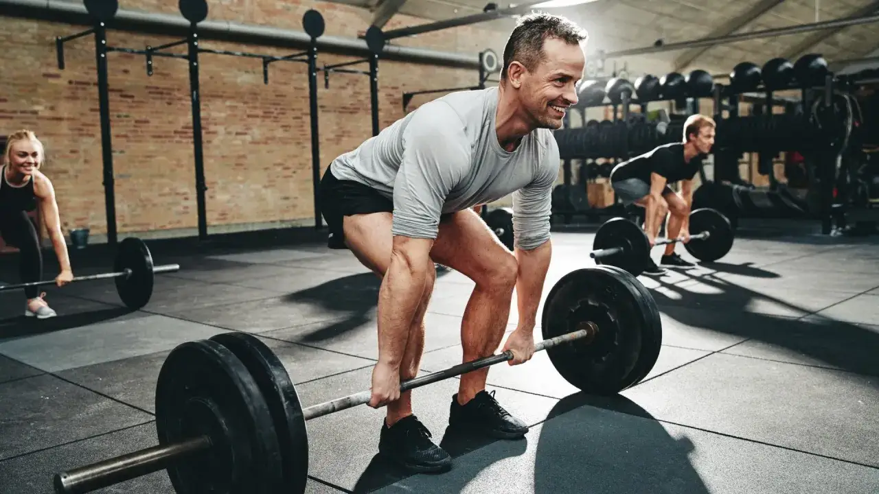 M&auml;nner und Frauen trainieren im Fitnessstudio mit Langhanteln. Sie wollen ihren **muskelaufbau extrem beschleunigen**.
