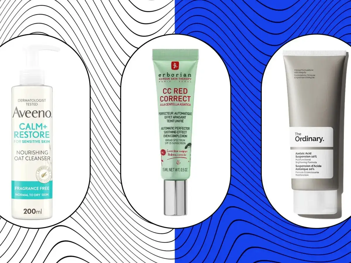 Produkter för hudvård rosacea: Aveeno Calm+Restore, Erborian CC Red Correct och The Ordinary Azelaic Acid Suspension.