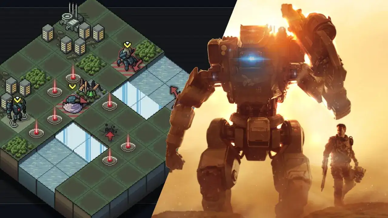 Strategia taktyczna z mechami i pilotem, jak w **Titanfall 3**, na tle epickiej bitwy.