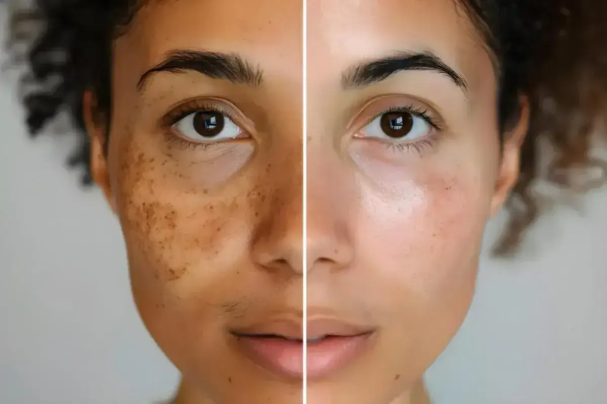 Vergleich zweier Gesichtsh&auml;lften: links mit sichtbaren Pigmentflecken im Gesicht, rechts mit klarer, ebenm&auml;&szlig;iger Haut.