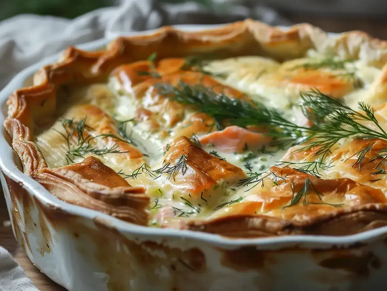 En gyllene laxpaj med dill och kr&auml;mig fyllning, redo att serveras.