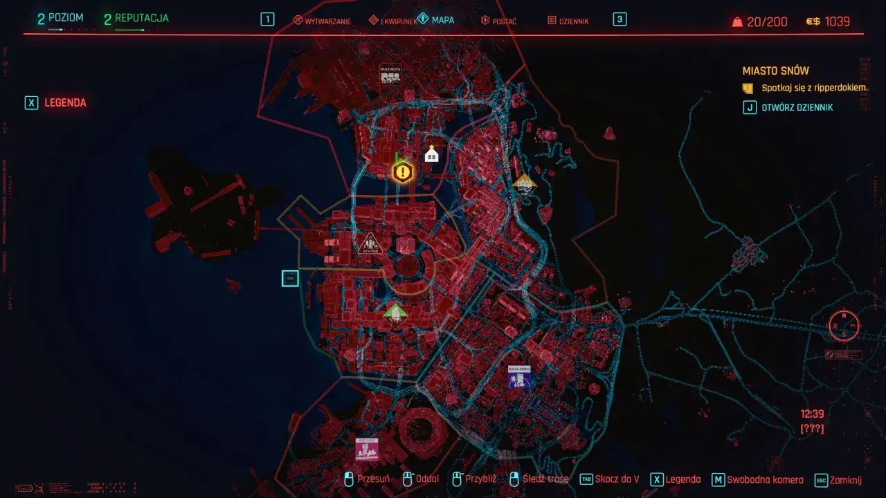 Mapa gry z zaznaczonymi celami misji i lokacjami, przydatna w poradnikach do gier.