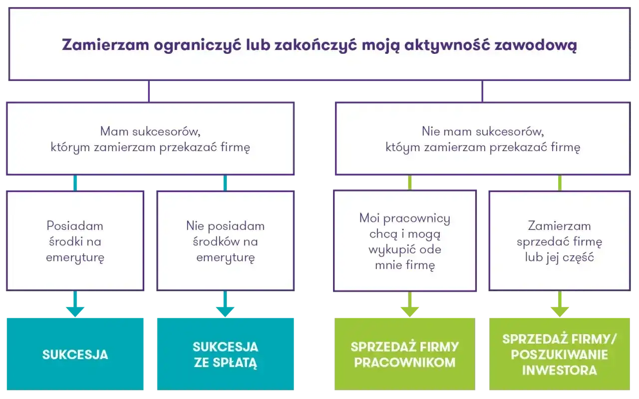 Schemat decyzyjny dotyczący sukcesji firmy. Rozważasz zarząd sukcesyjny, gdy masz sukcesorów lub chcesz sprzedać firmę.