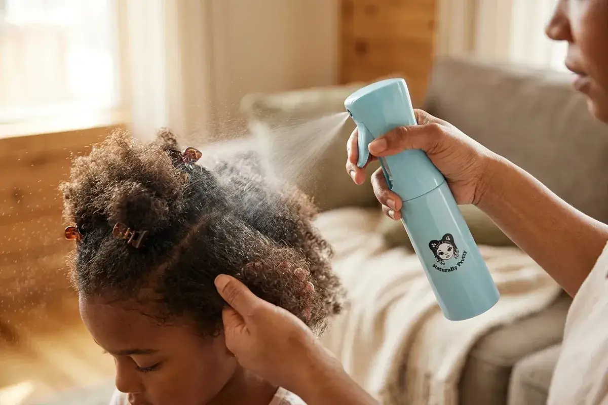 Une main vaporise de l'eau sur les cheveux bouclés d'une enfant, une solution pour les cheveux emmêlés.