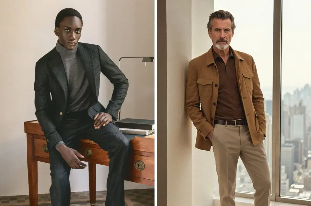 Zwei M&auml;nner in stilvoller Kleidung, die den smart business dresscode verk&ouml;rpern. Links ein junger Mann im dunklen Anzug, rechts ein &auml;lterer Mann im braunen Sakko.