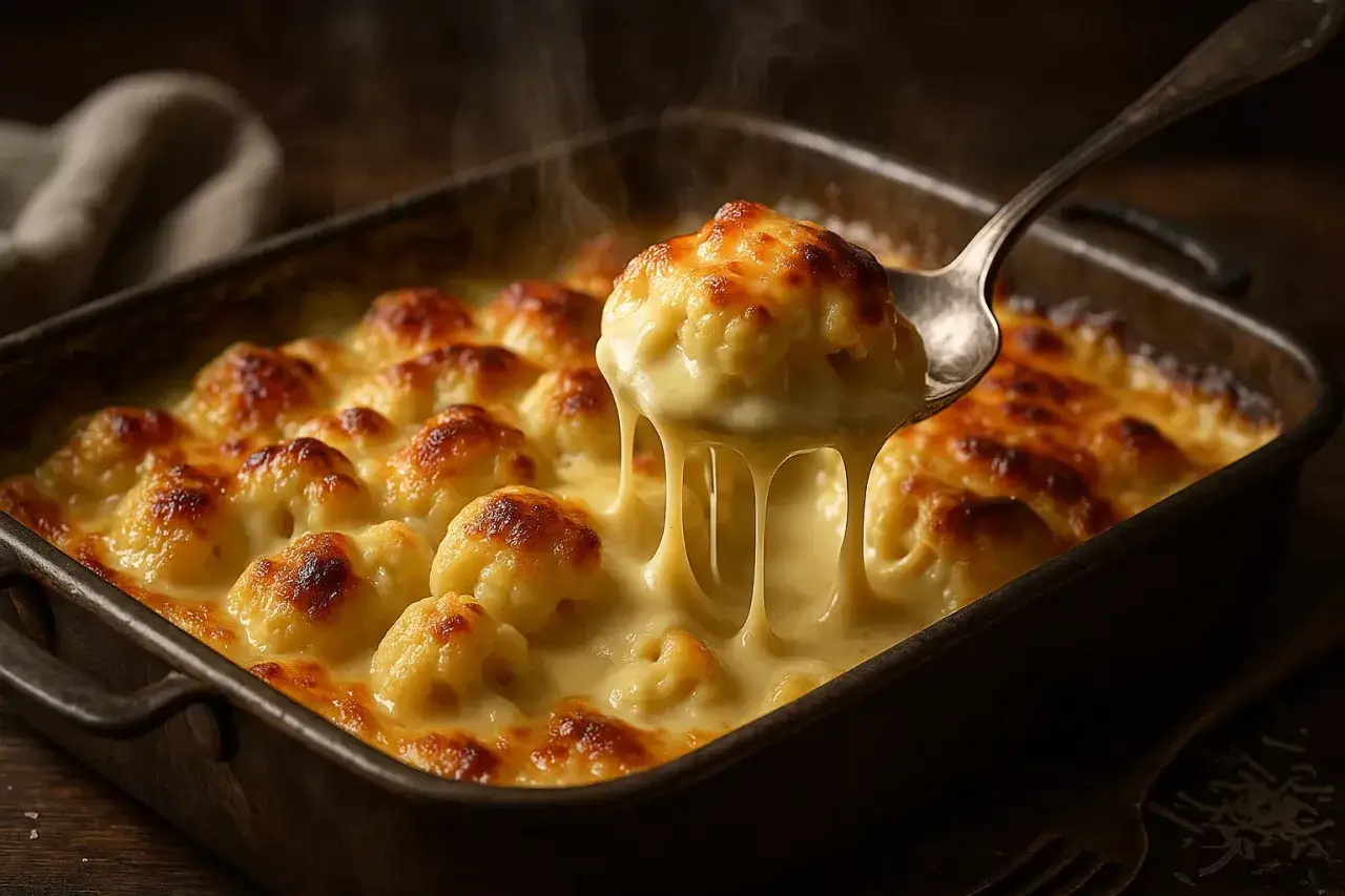 Un gratin de chou-fleur cr&eacute;meux et dor&eacute;, avec une cuill&egrave;re qui soul&egrave;ve une portion d&eacute;goulinante de fromage fondu. Un d&eacute;lice r&eacute;confortant.