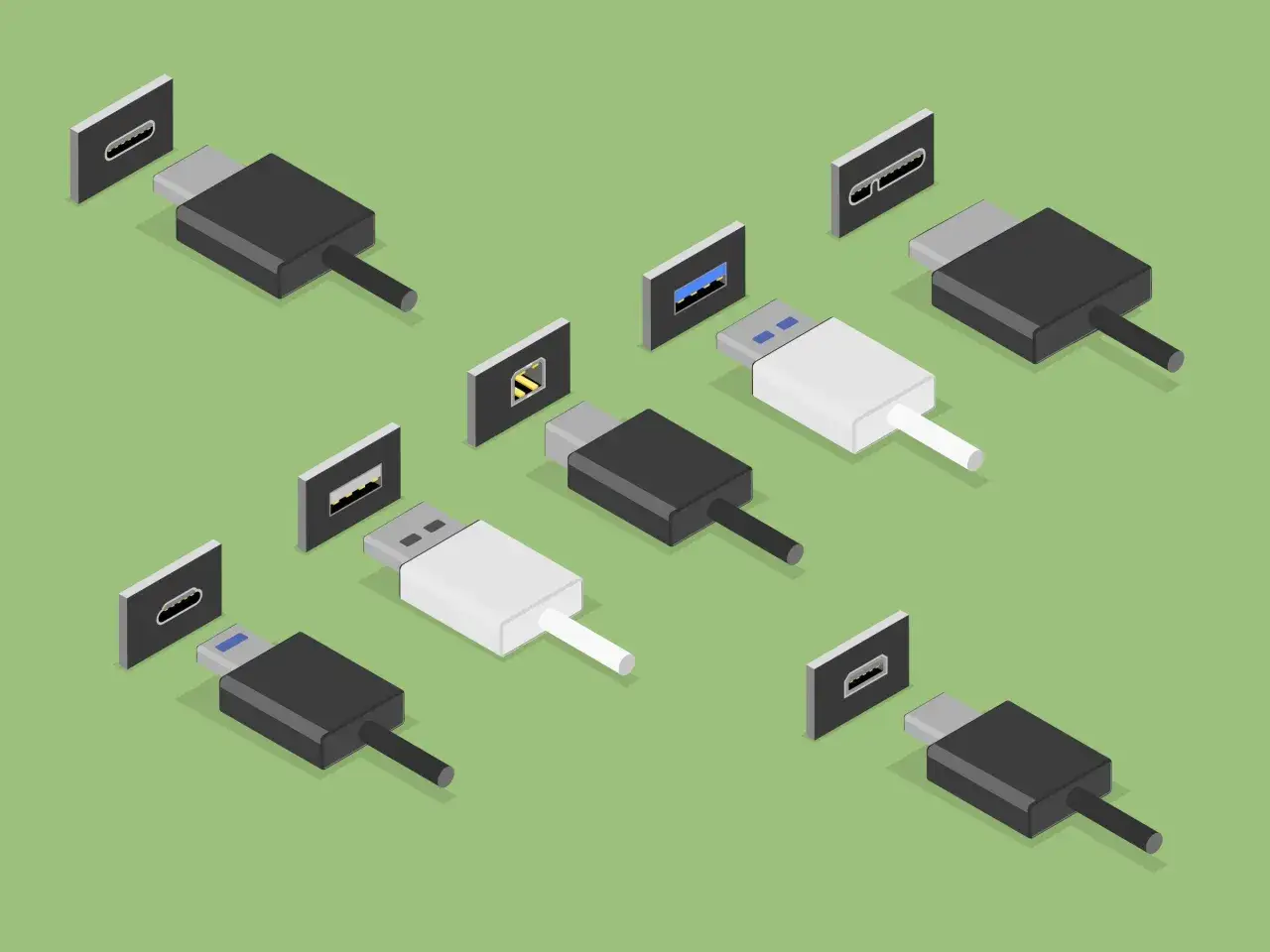 Zestaw złączy USB-C i USB-A, w tym kable i porty, gotowe do połączenia. Idealne do szybkiego transferu danych, np. z wykorzystaniem standardu usb 3.2 gen. 1.