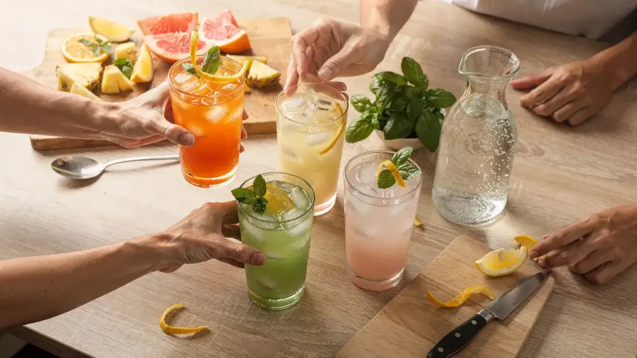 Des mains saisissent des verres de boissons colorées, garnies de menthe et d'agrumes. Une carafe d'eau pétillante et des fruits frais sur une planche complètent cette scène estivale, parfaite pour un janvier sec.