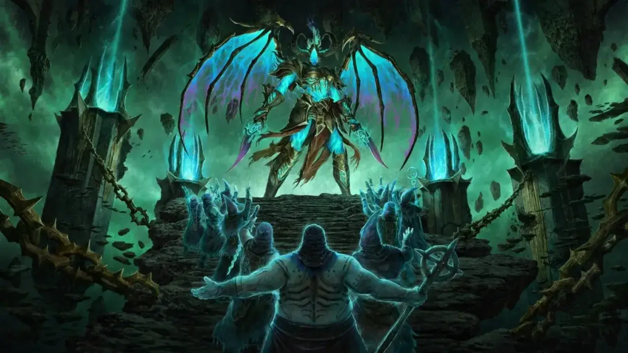 Diablo 4 aktualizacja: mroczny demon z błękitnymi skrzydłami góruje nad grupą postaci w ponurym, skalnym otoczeniu.