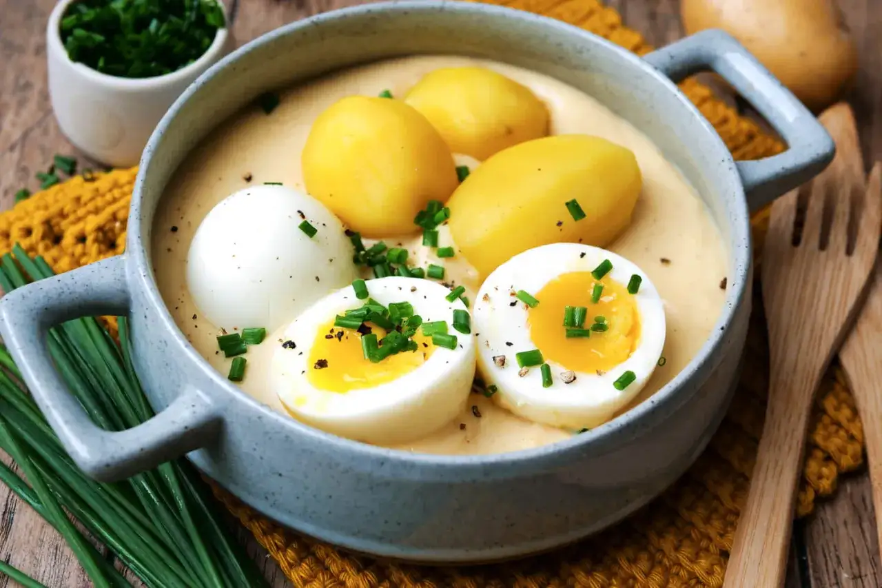 Senfeier rezept: Herzhaftes Gericht mit pochierten Eiern, Kartoffeln und cremiger Senfsauce, garniert mit Schnittlauch.