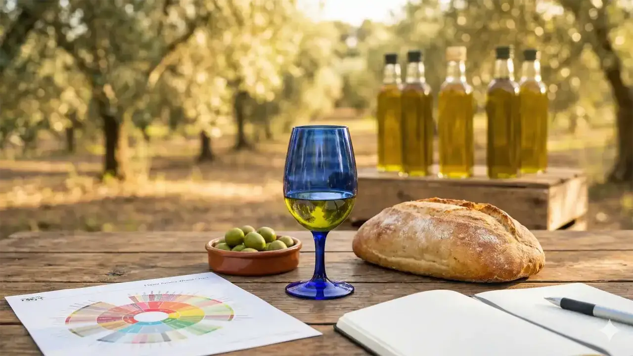 Degustazione di olio di oliva vergine in un uliveto. Pane, olive e un bicchiere blu con l'olio.