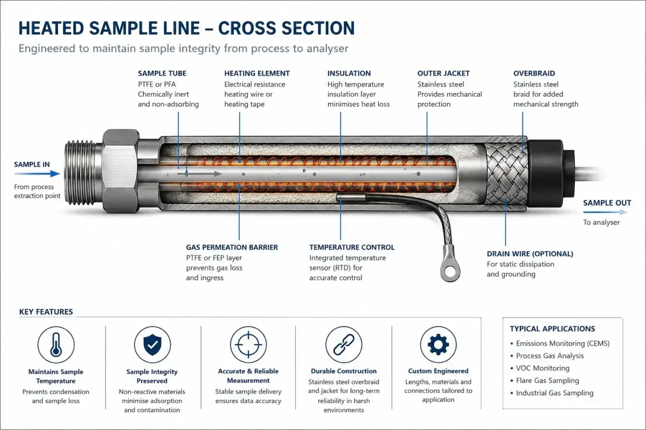 Coupe d'une sonde chauffante, montrant le tube d'échantillon, l'élément chauffant, l'isolation et la gaine extérieure pour maintenir l'intégrité de l'échantillon.